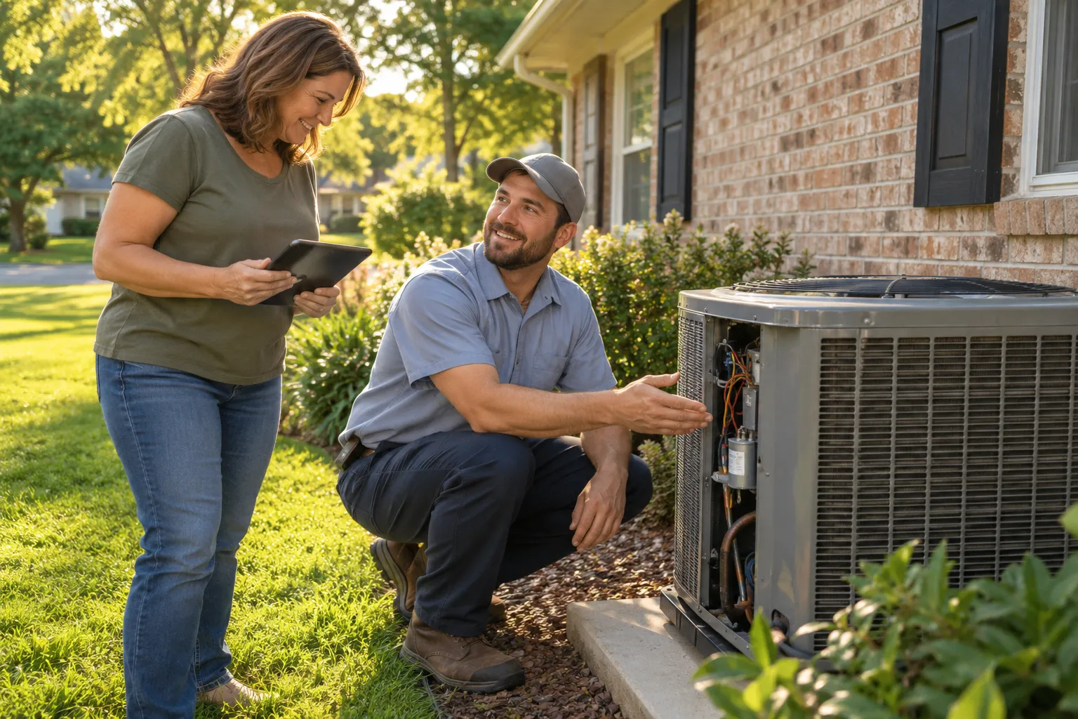 Friendly HVAC provider talking with a homeowner beside an outdoor air conditioner at a ranch-style home in the San Antonio area