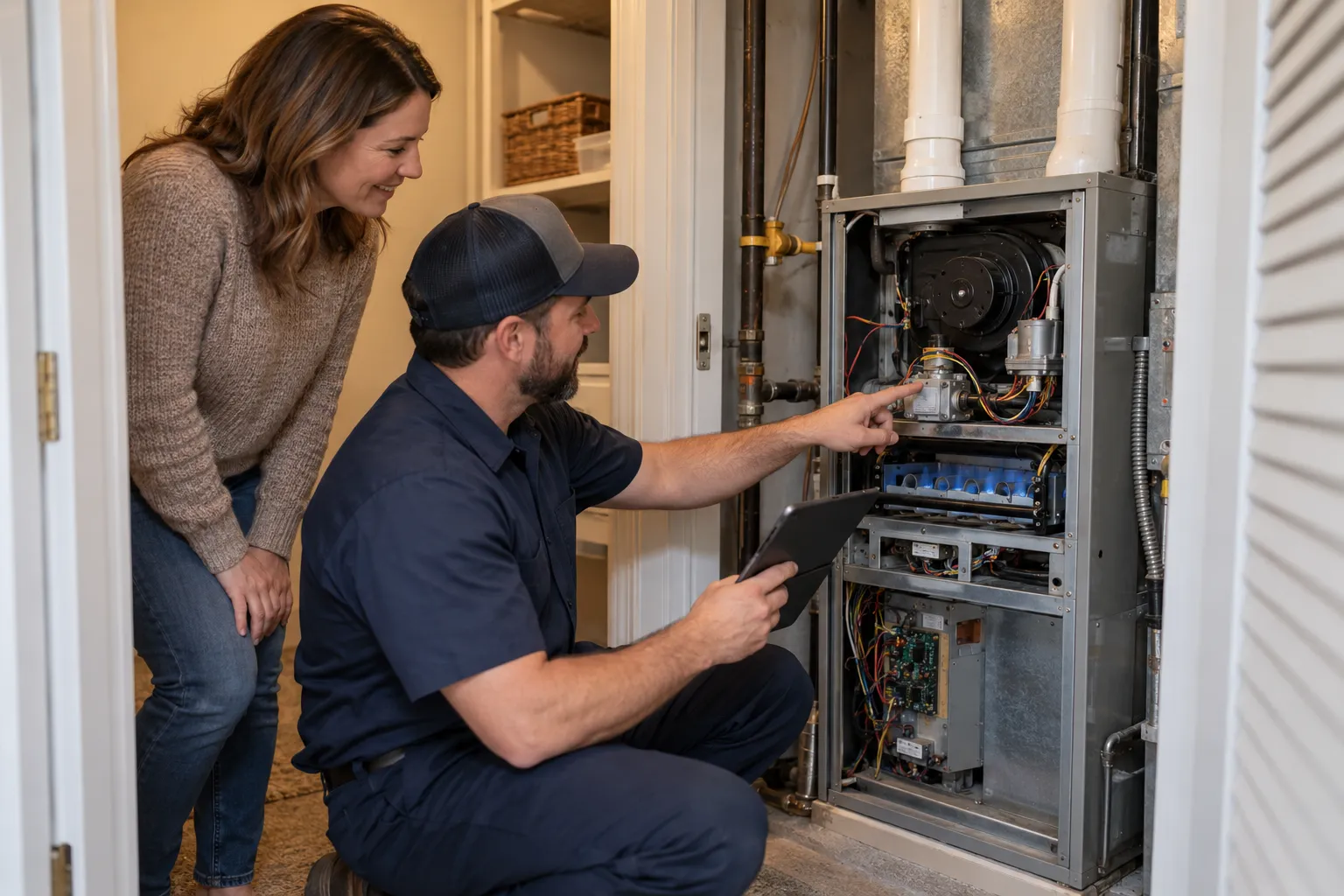 A friendly HVAC provider checking a home furnace with a homeowner in the San Antonio area