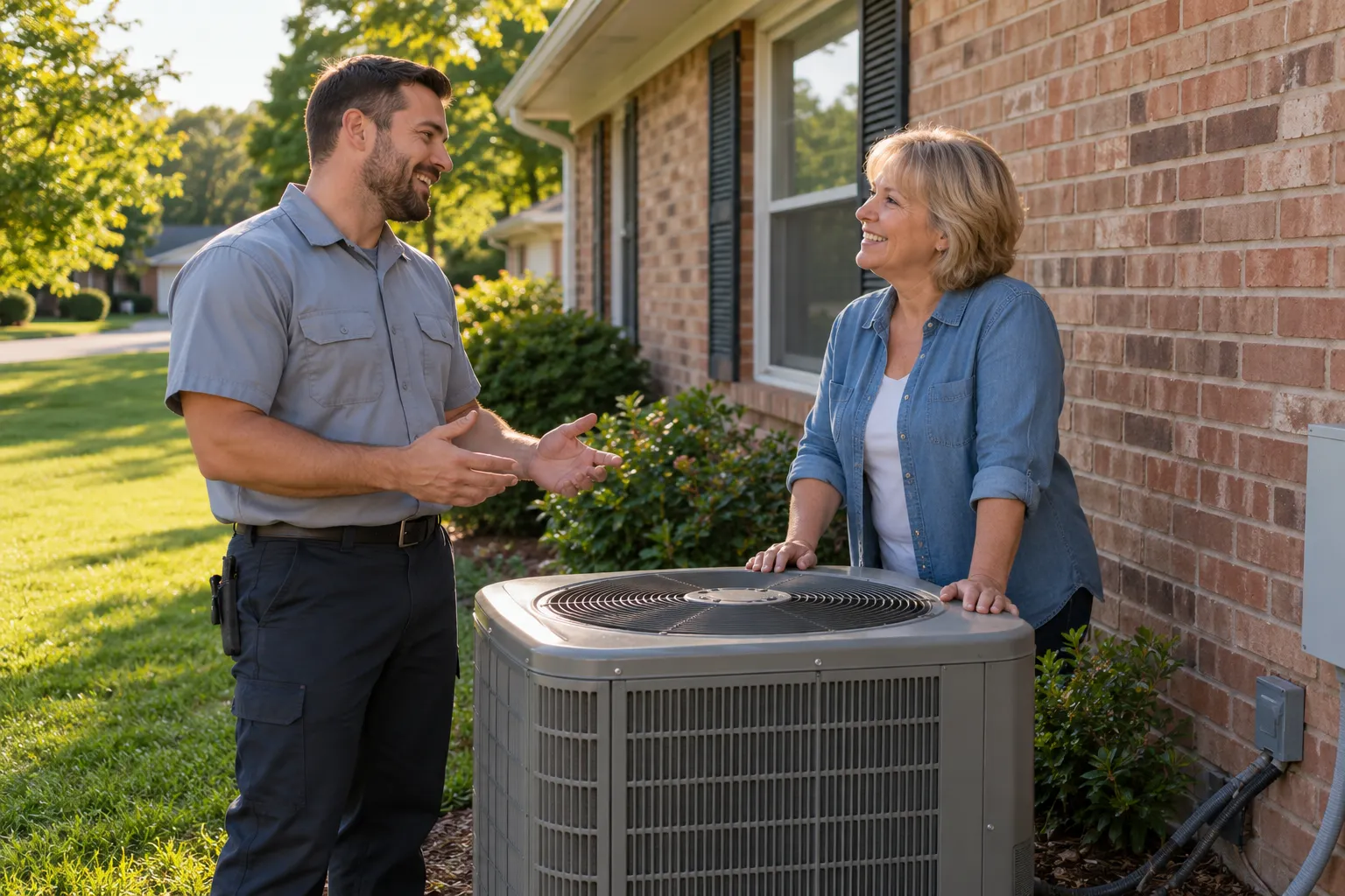 A friendly HVAC provider talking with a homeowner beside an outdoor AC unit in San Antonio